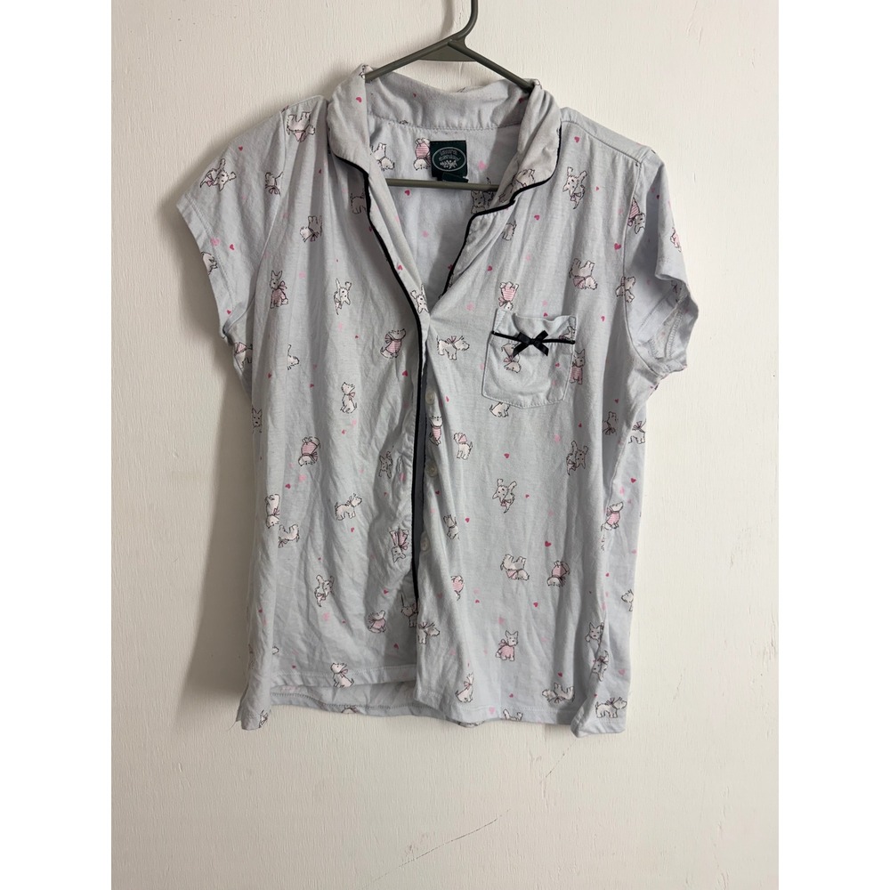 Laura Ashley Scottie Dog Pajama Top Blue Pink Heart Print Short Sleeve Medium